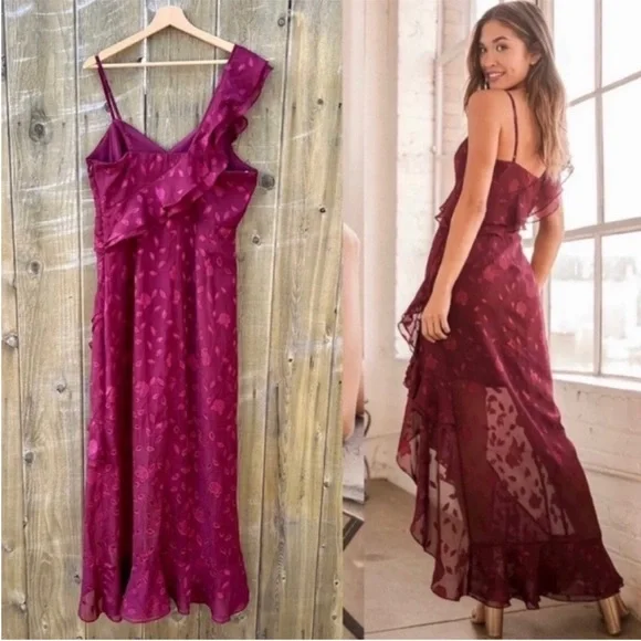 Burgundy Floral Jacquard Asymmetric Ruffle Chiffon Dress 🌿 - Picture 3 of 12